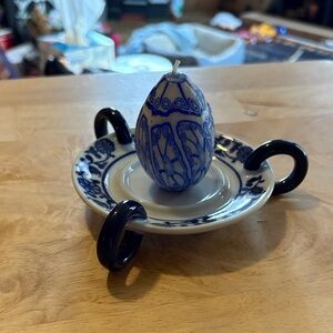 Bombay Blue and White Ceramic Candle Holder with candle